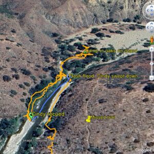 David's orange GPS track of flood event (Google Earth imagery, 2024 June).