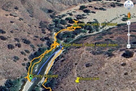 David's orange GPS track of flood event (Google Earth imagery, 2024 June).