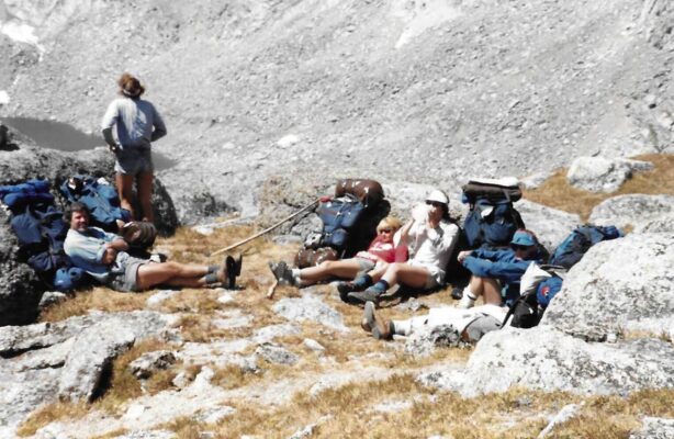 1988: Meeting "Rambler friends" maybe near Jackass Pass, Cindy standing viewing lakes