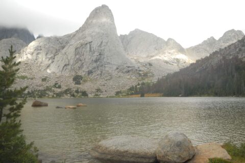 2025: Pingora Peak but rest of Cirque in clouds, from Lonesome Lake