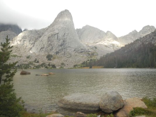 2025: Pingora Peak but rest of Cirque in clouds, from Lonesome Lake